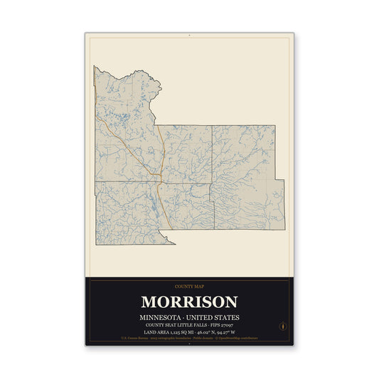 Morrison County, Minnesota Map Aluminum Sign in Museum Plaque style