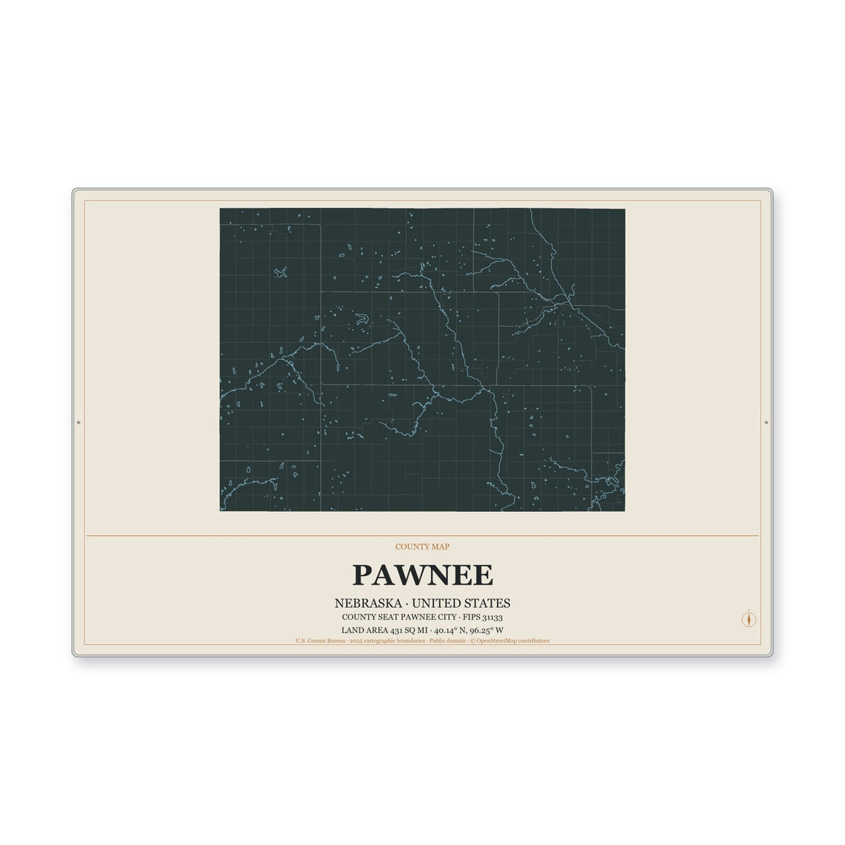 Pawnee County, Nebraska Map Aluminum Sign in Headline Atlas style