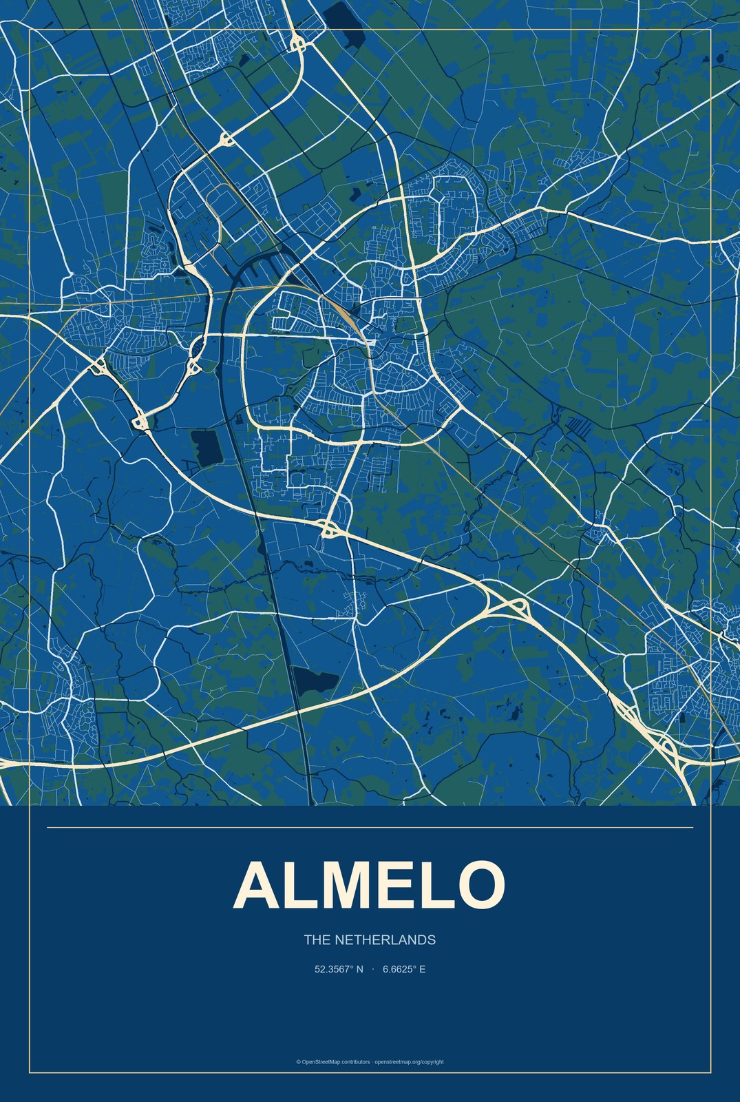 Almelo, The Netherlands City Map Aluminum Sign in Harbor Cobalt style