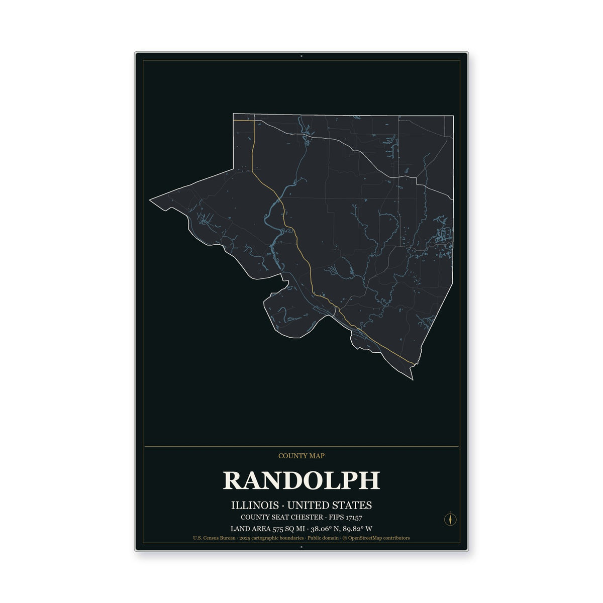 Randolph County, Illinois Map Aluminum Sign in Metropolitan Noir style