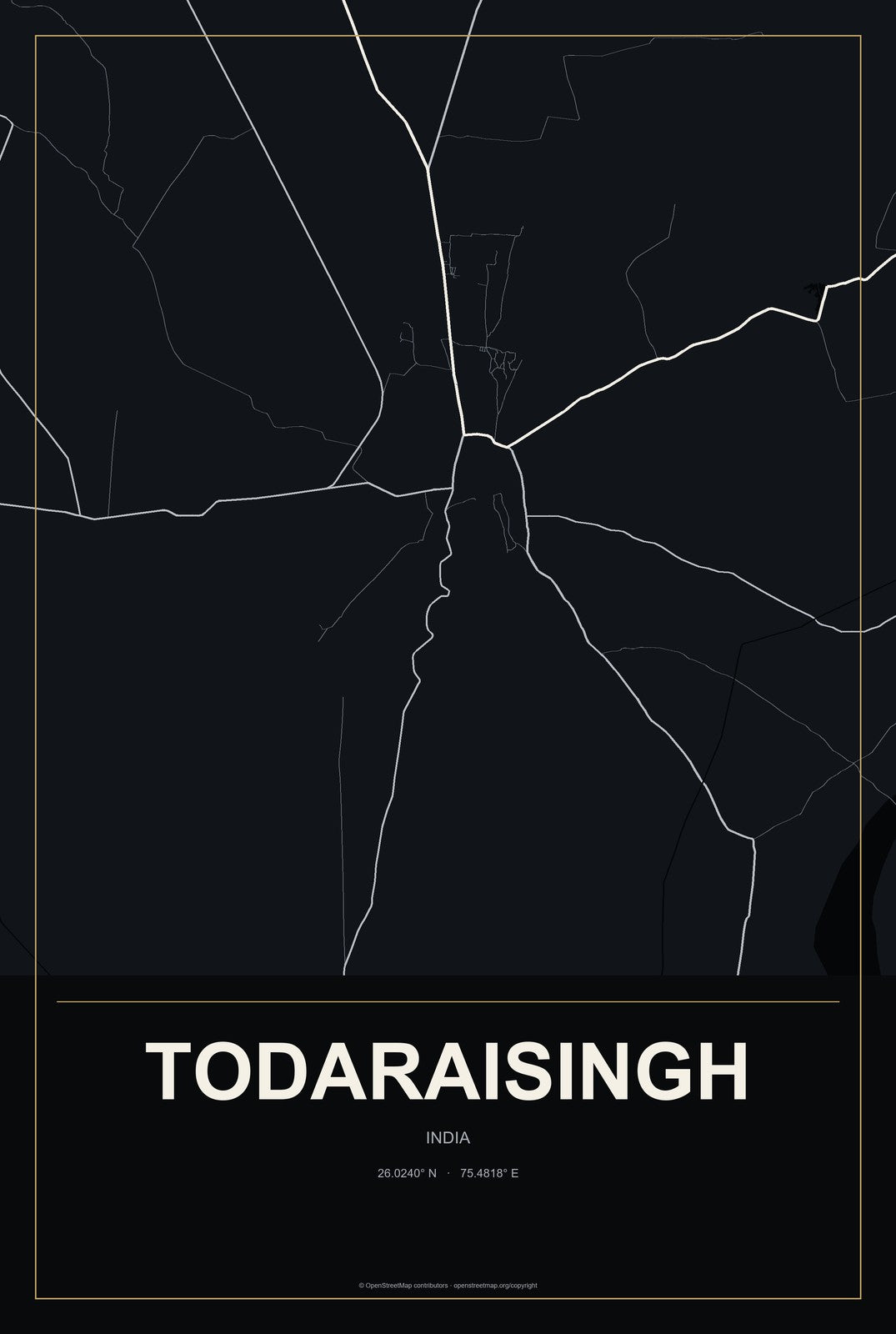 Todaraisingh, India City Map Aluminum Sign in Metropolitan Noir style