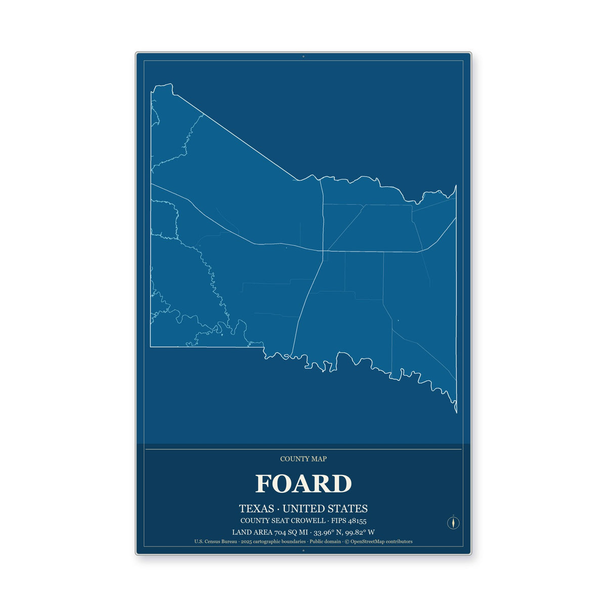 Foard County, Texas Map Aluminum Sign in Harbor Cobalt style
