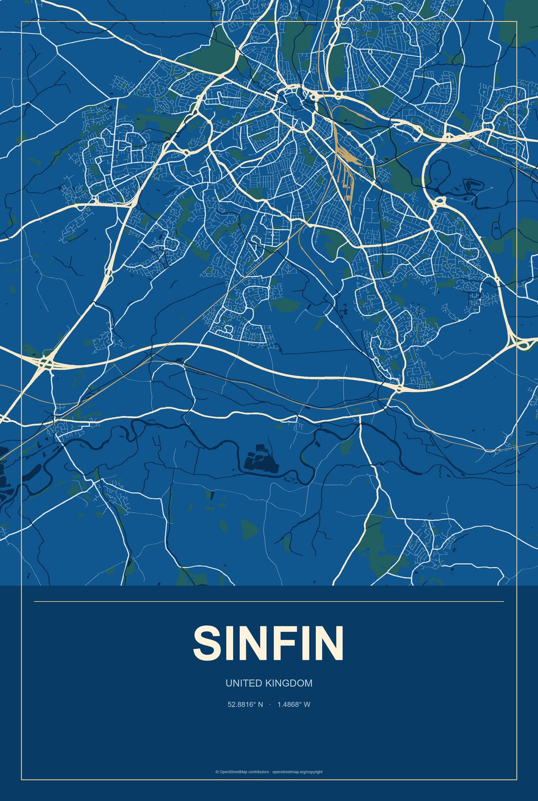 Sinfin, United Kingdom City Map Aluminum Sign in Harbor Cobalt style