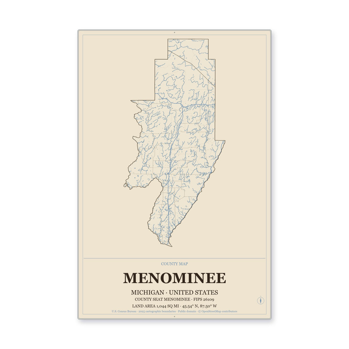 Menominee County, Michigan Map Aluminum Sign in Heritage Nautical style