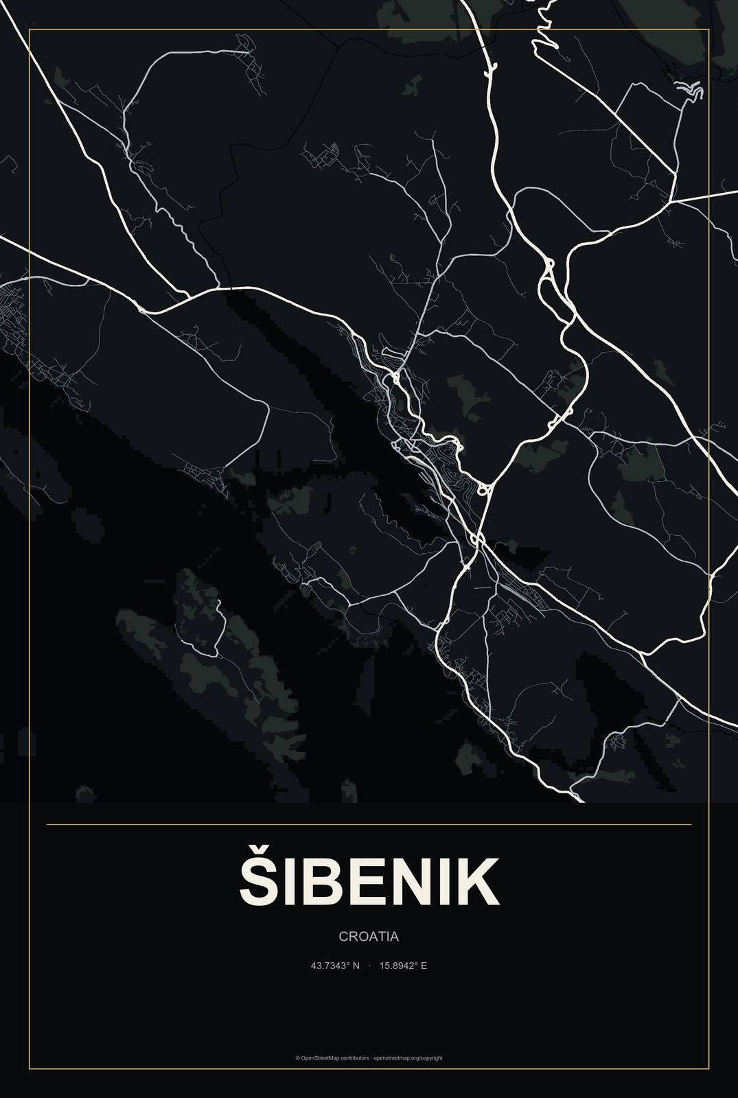 Šibenik, Croatia City Map Aluminum Sign in Metropolitan Noir style