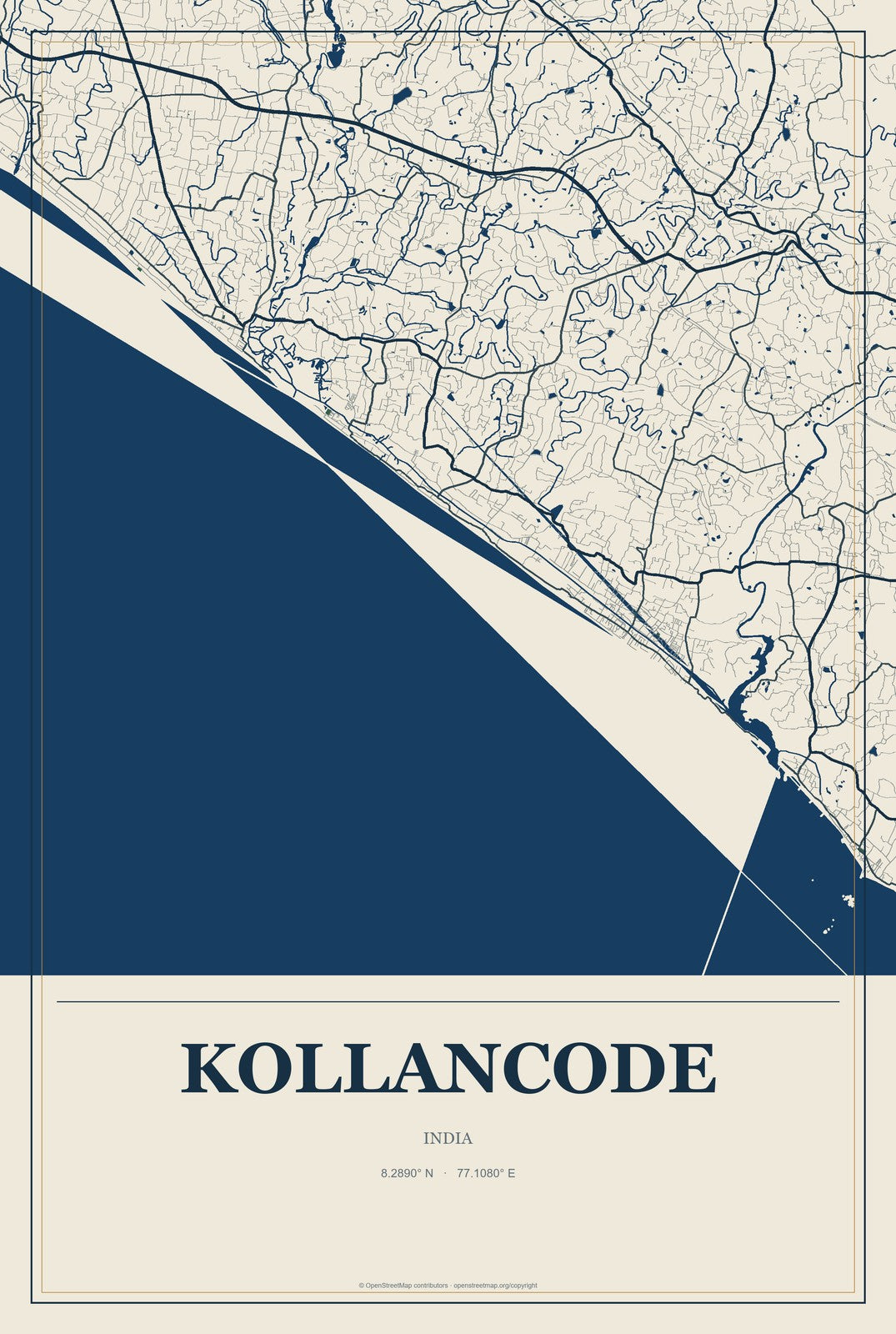 Kollancode, India City Map Aluminum Sign in Coastal Cutout style