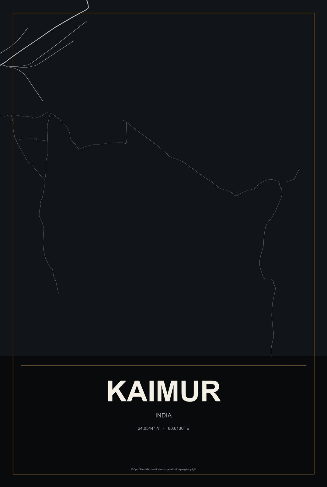 Kaimur, India City Map Aluminum Sign in Metropolitan Noir style