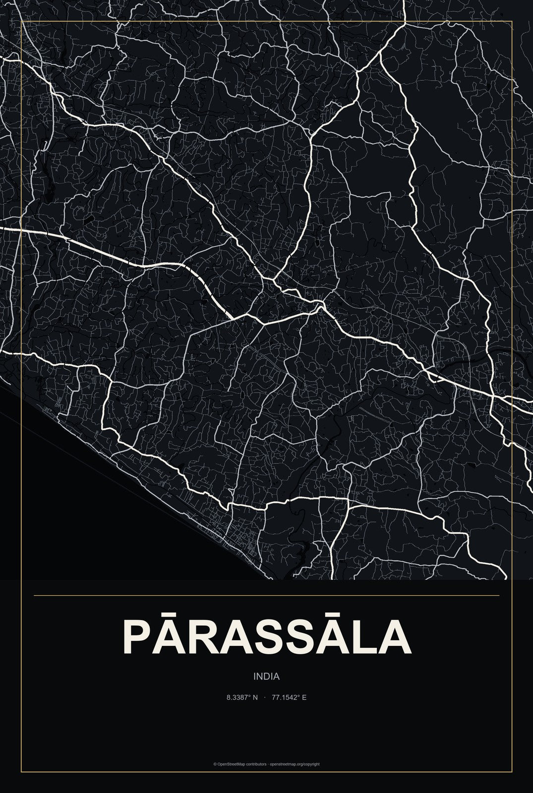 Pārassāla, India City Map Aluminum Sign in Metropolitan Noir style