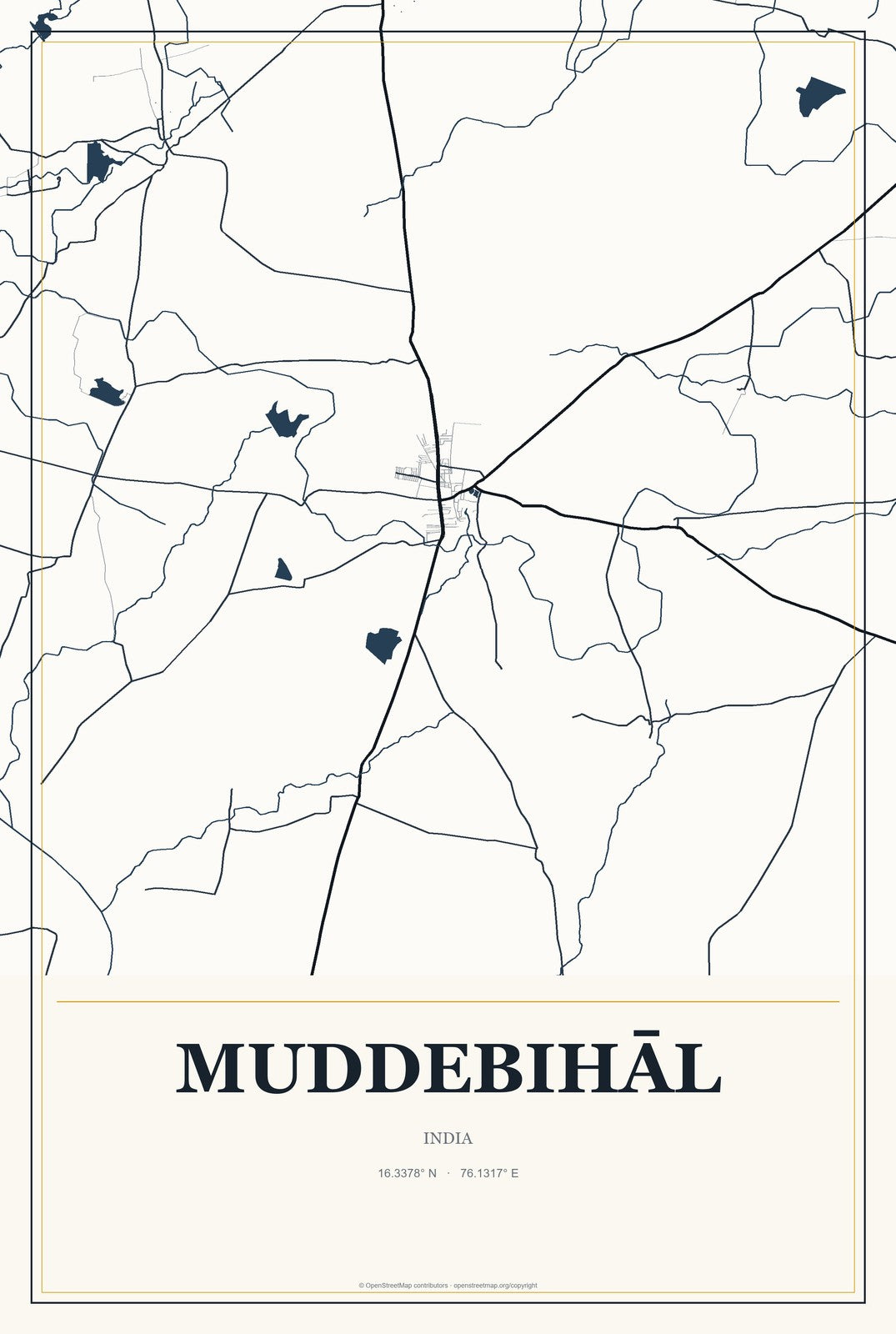 Muddebihāl, India City Map Aluminum Sign in Citrine Modern style