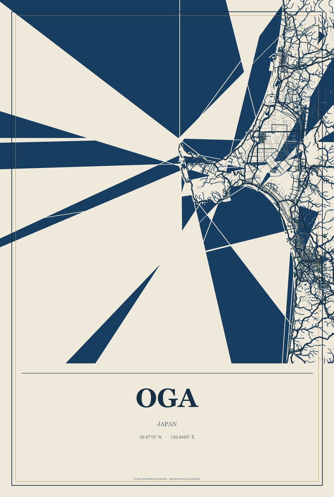 Oga, Japan City Map Aluminum Sign in Coastal Cutout style
