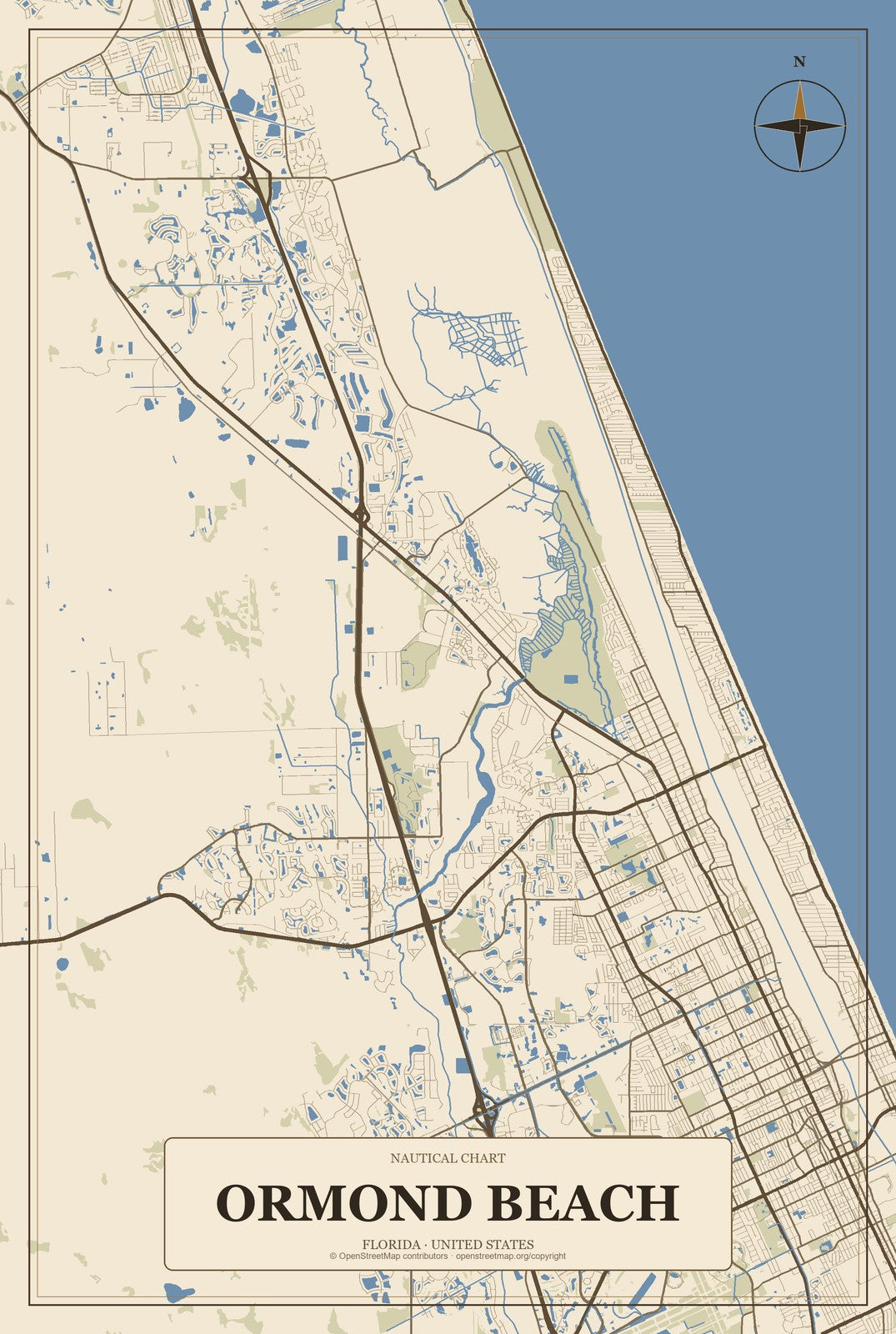 Ormond Beach, Florida City Map Aluminum Sign in Heritage Nautical style