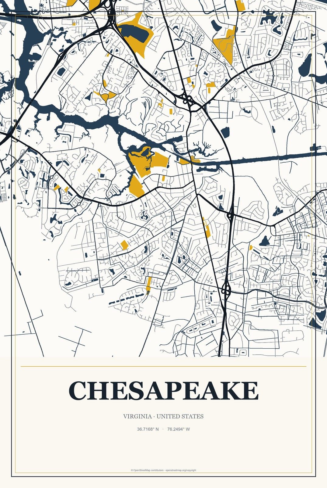 Chesapeake, Virginia City Map Aluminum Sign in Citrine Modern style