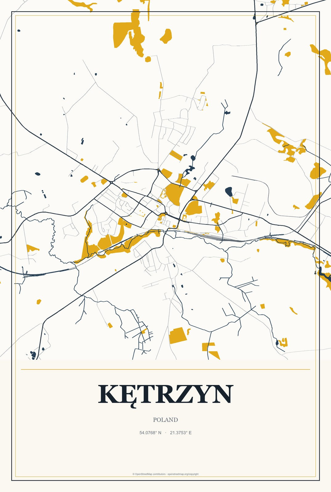 Kętrzyn, Poland City Map Aluminum Sign in Citrine Modern style