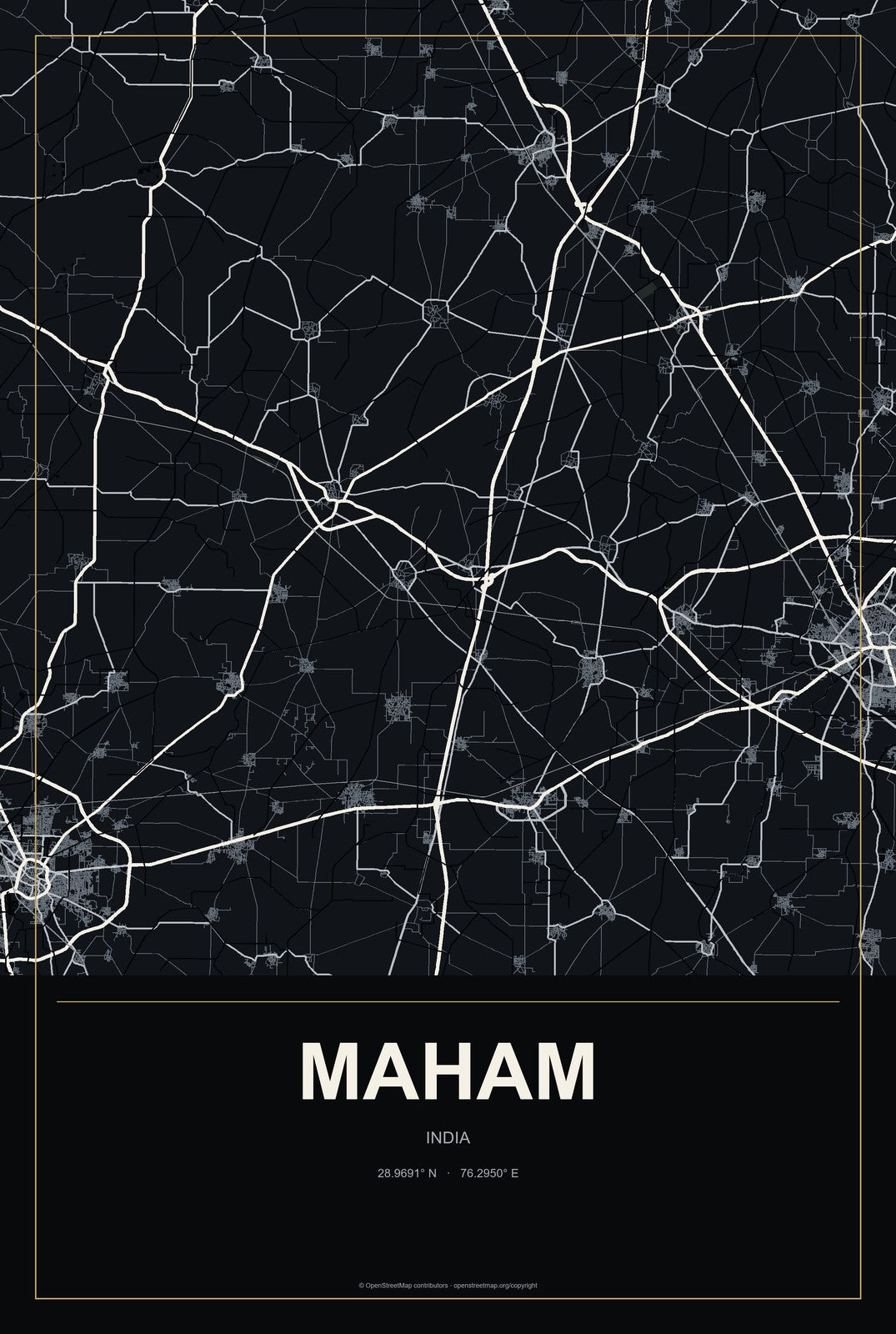 Maham, India City Map Aluminum Sign in Metropolitan Noir style