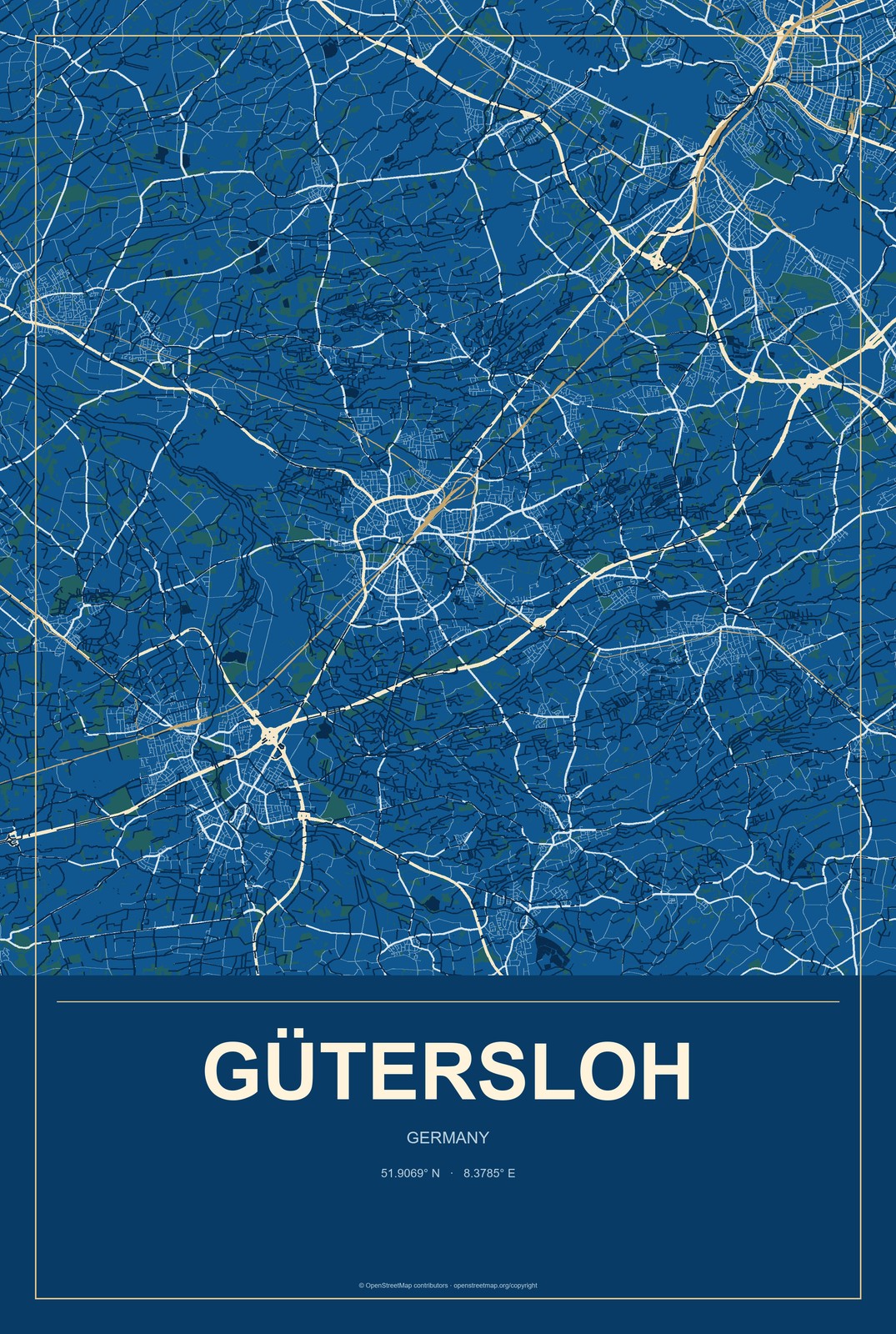 Gütersloh, Germany City Map Aluminum Sign in Harbor Cobalt style