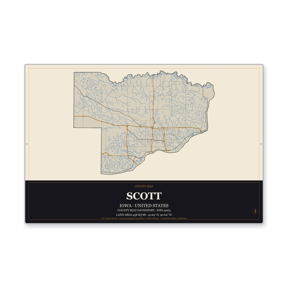 Scott County, Iowa Map Aluminum Sign in Museum Plaque style