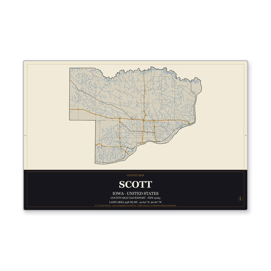 Scott County, Iowa Map Aluminum Sign in Museum Plaque style