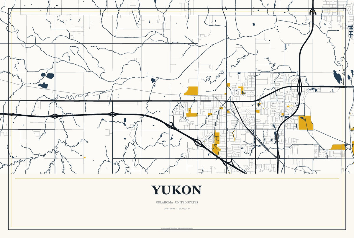 Yukon, Oklahoma City Map Aluminum Sign in Citrine Modern style