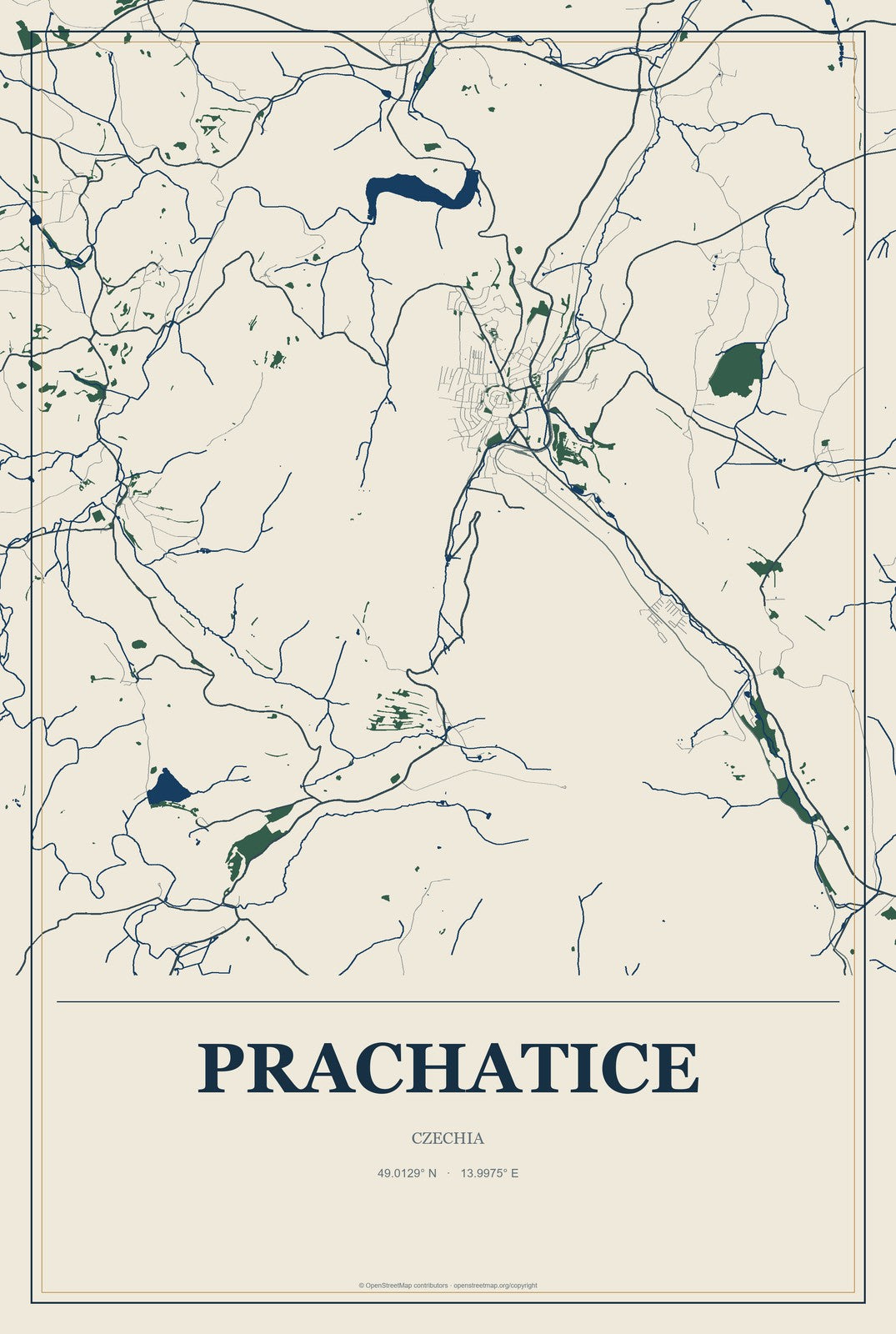 Prachatice, Czechia City Map Aluminum Sign in Coastal Cutout style