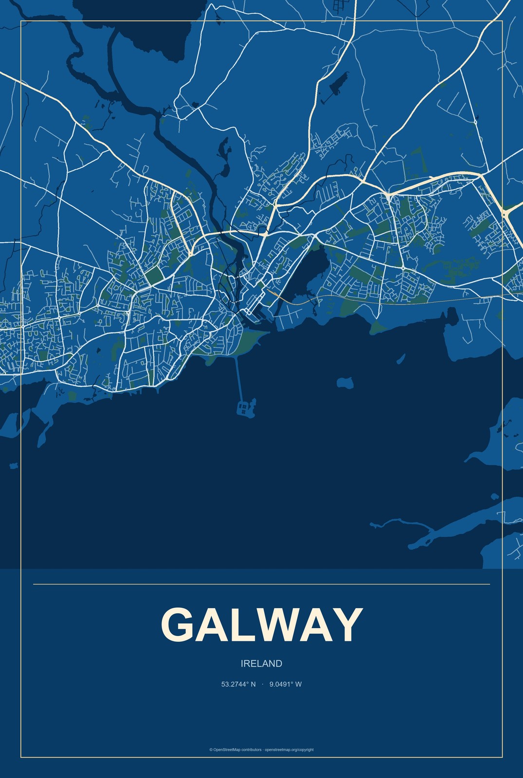 Galway, Ireland City Map Aluminum Sign in Harbor Cobalt style