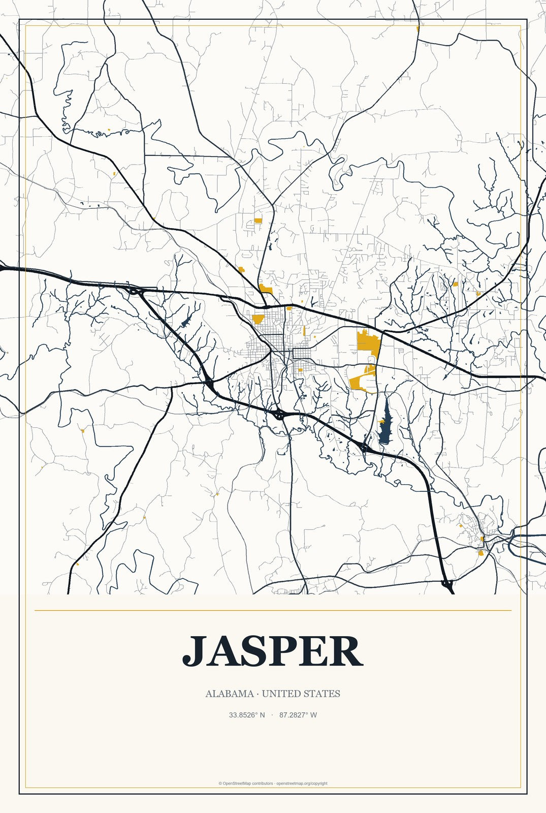Jasper, Alabama City Map Aluminum Sign in Citrine Modern style