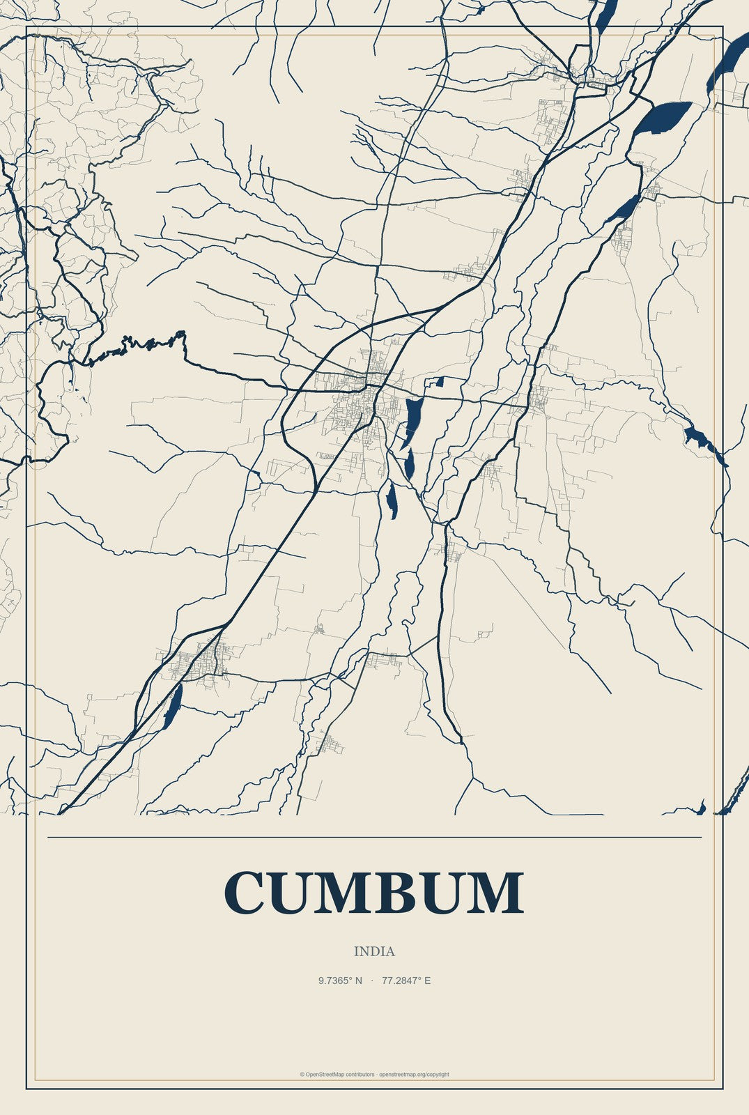 Cumbum, Tamil Nadu, India City Map Aluminum Sign in Coastal Cutout style