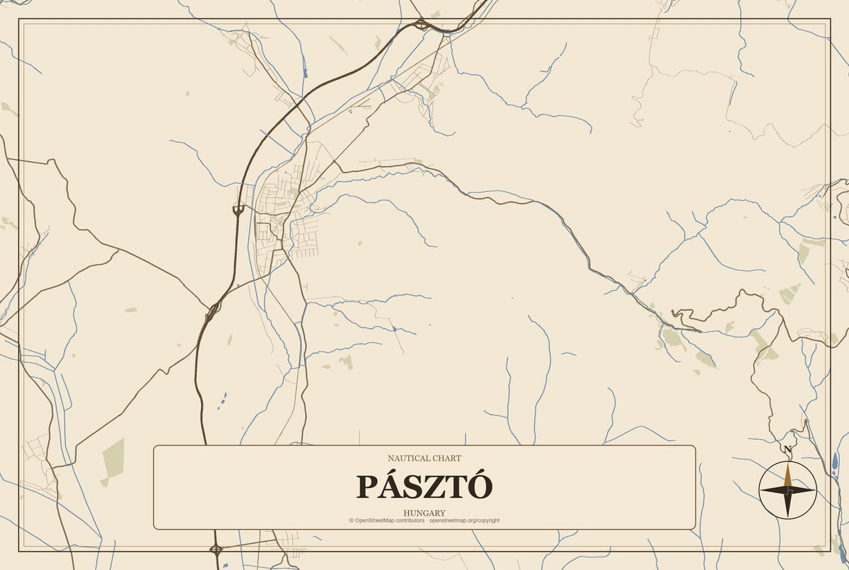 Pásztó, Hungary City Map Aluminum Sign in Heritage Nautical style