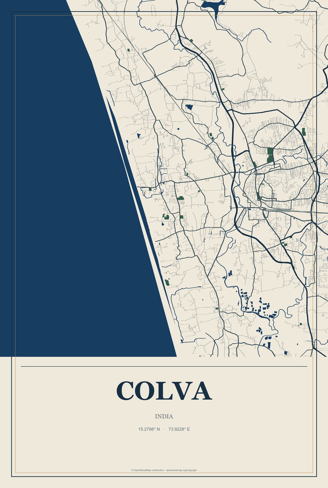 Colva, India City Map Aluminum Sign in Coastal Cutout style