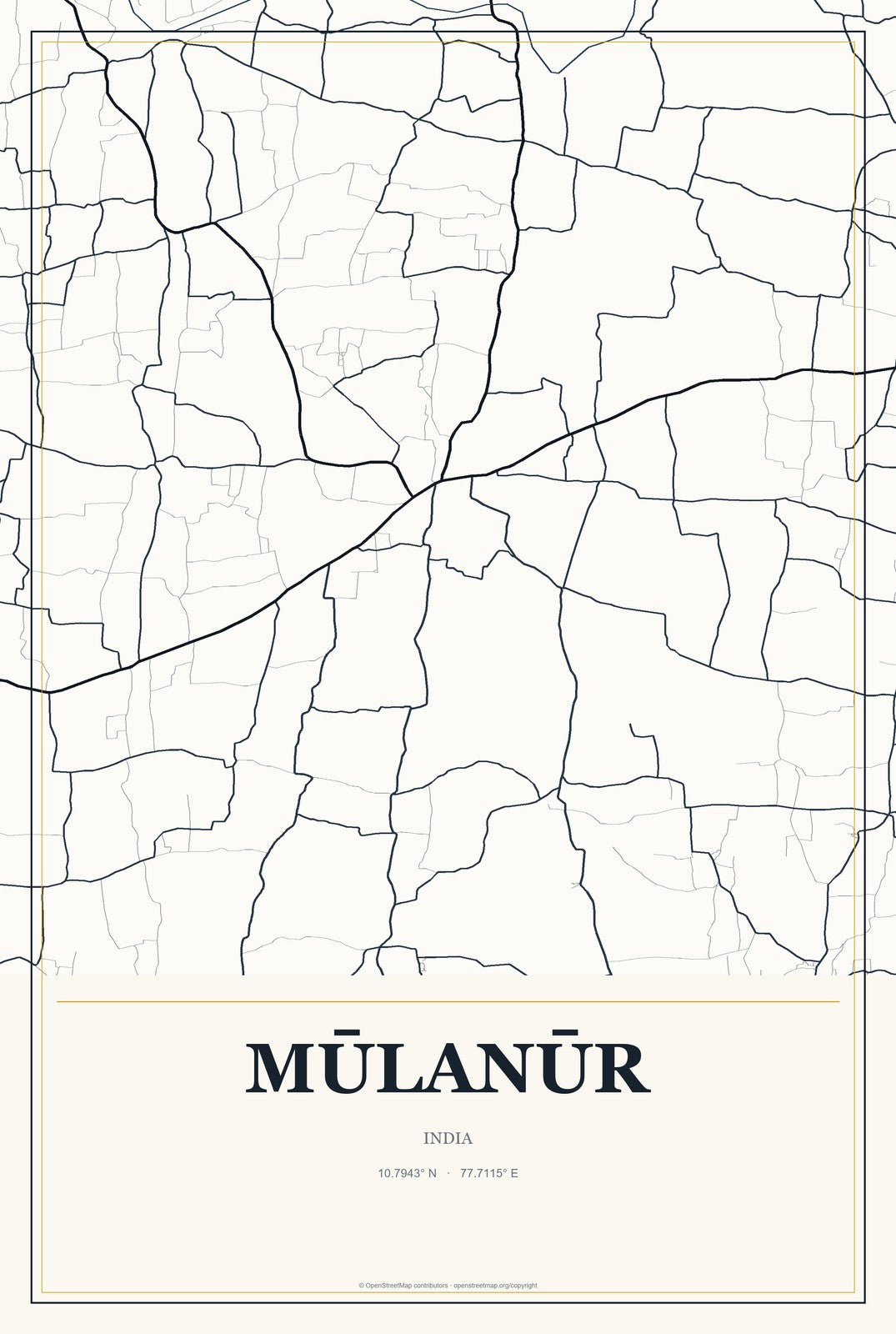 Mūlanūr, India City Map Aluminum Sign in Citrine Modern style