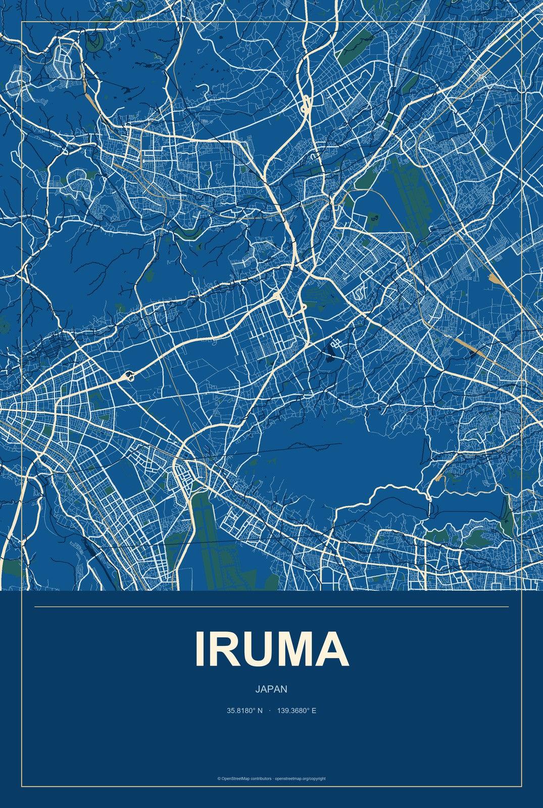 Iruma, Japan City Map Aluminum Sign in Harbor Cobalt style