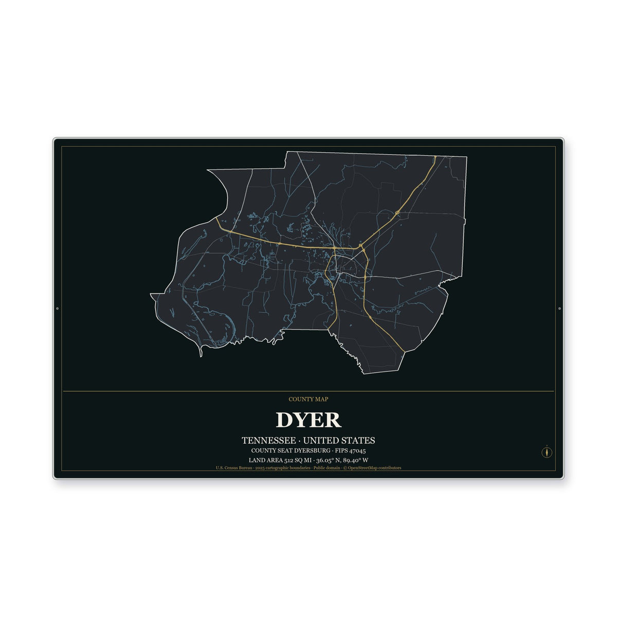 Dyer County, Tennessee Map Aluminum Sign in Metropolitan Noir style