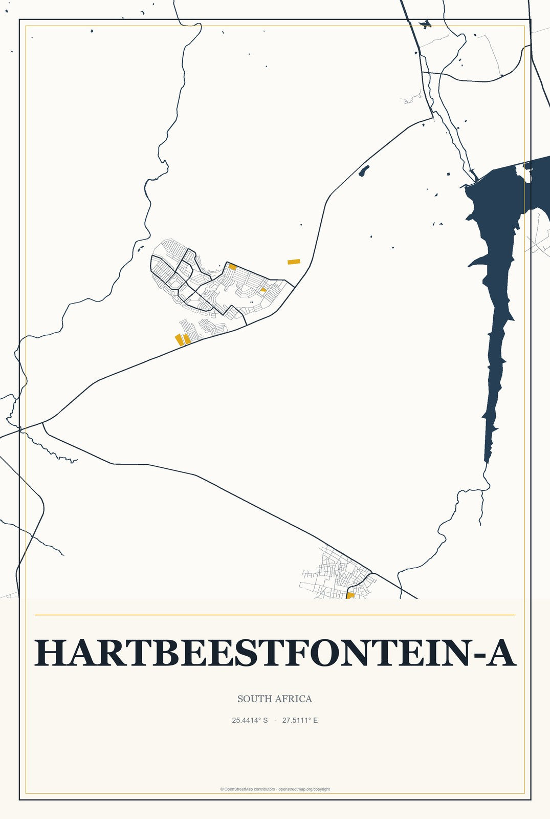 Hartbeestfontein-A, South Africa City Map Aluminum Sign in Citrine Modern style