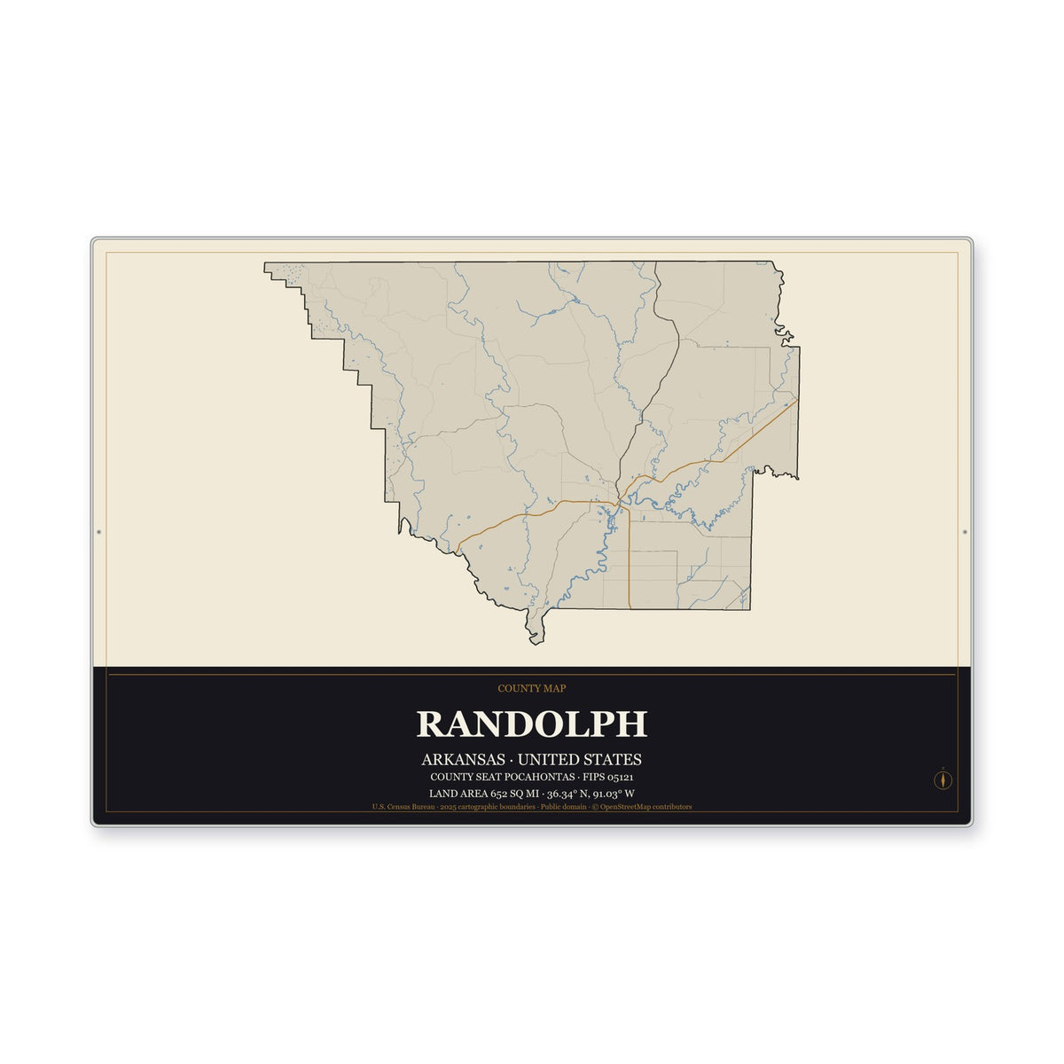 Randolph County, Arkansas Map Aluminum Sign in Museum Plaque style