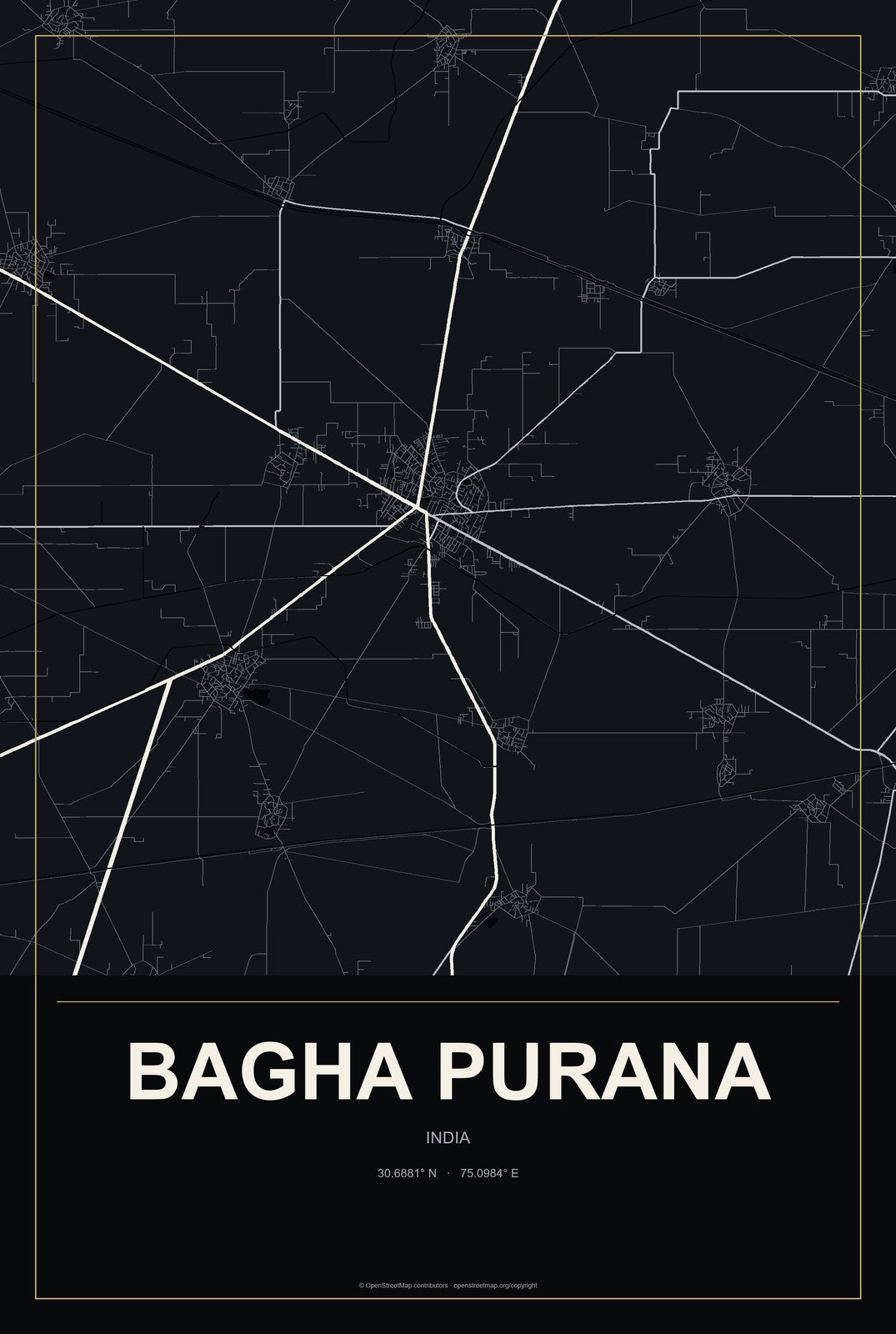 Bagha Purana, India City Map Aluminum Sign in Metropolitan Noir style