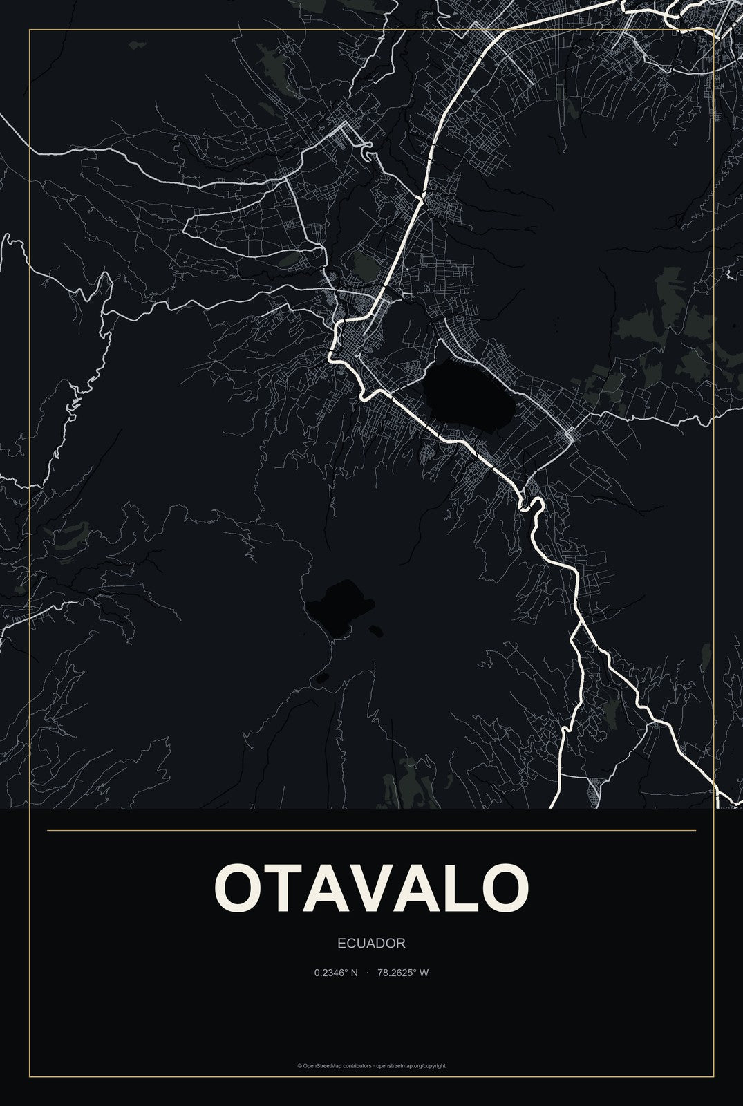 Otavalo, Ecuador City Map Aluminum Sign in Metropolitan Noir style