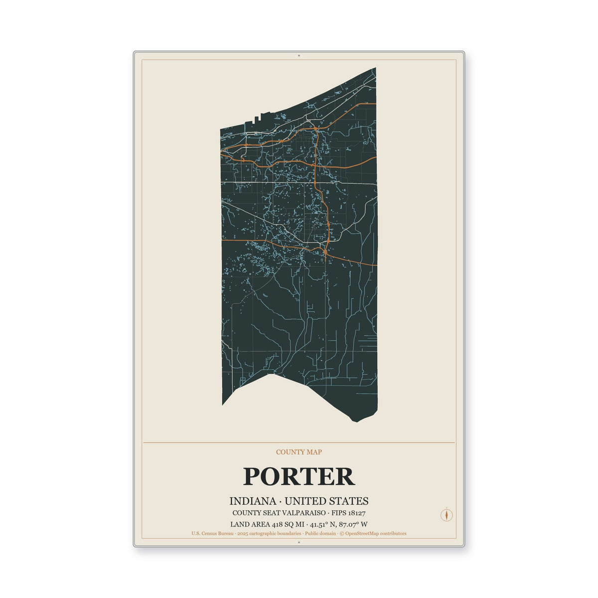 Porter County, Indiana Map Aluminum Sign in Headline Atlas style