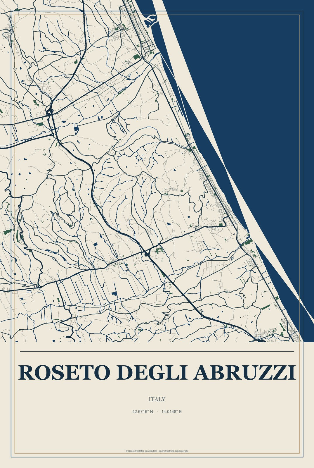 Roseto degli Abruzzi, Italy City Map Aluminum Sign in Coastal Cutout style