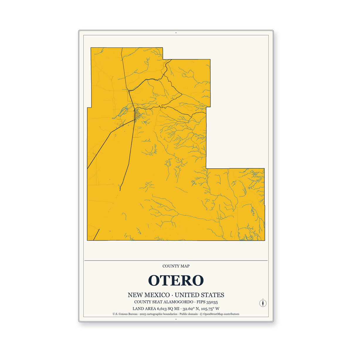 Otero County, New Mexico Map Aluminum Sign in Citrine Modern style