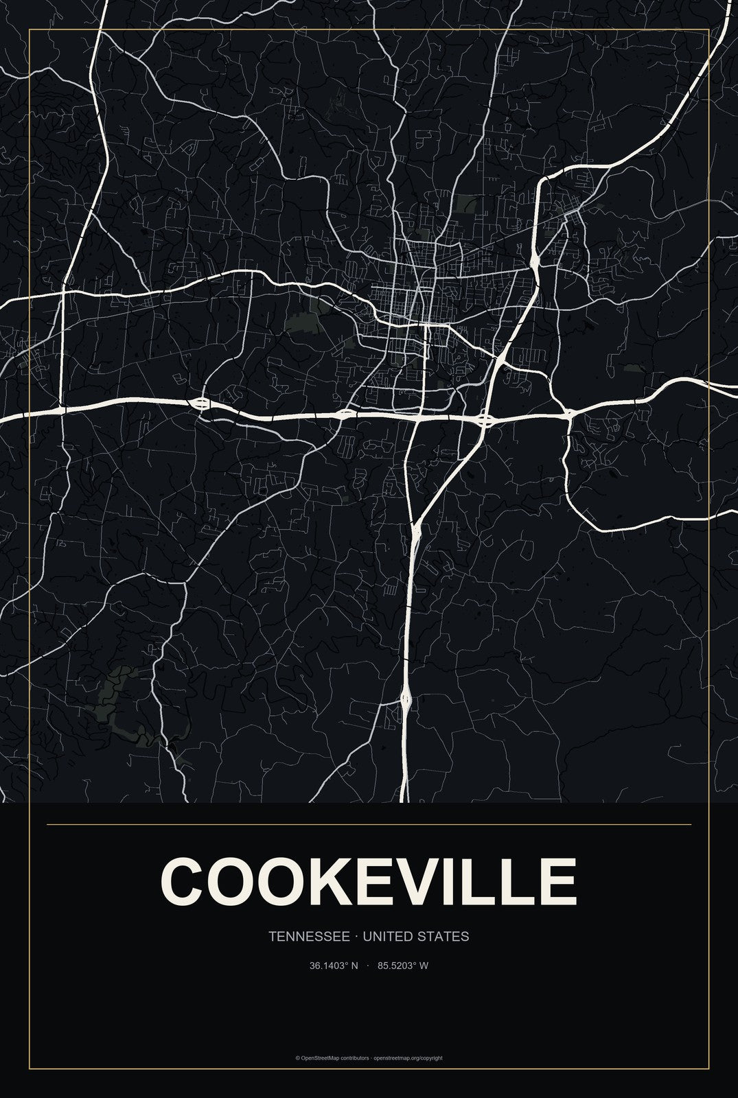 Cookeville, Tennessee City Map Aluminum Sign in Metropolitan Noir style