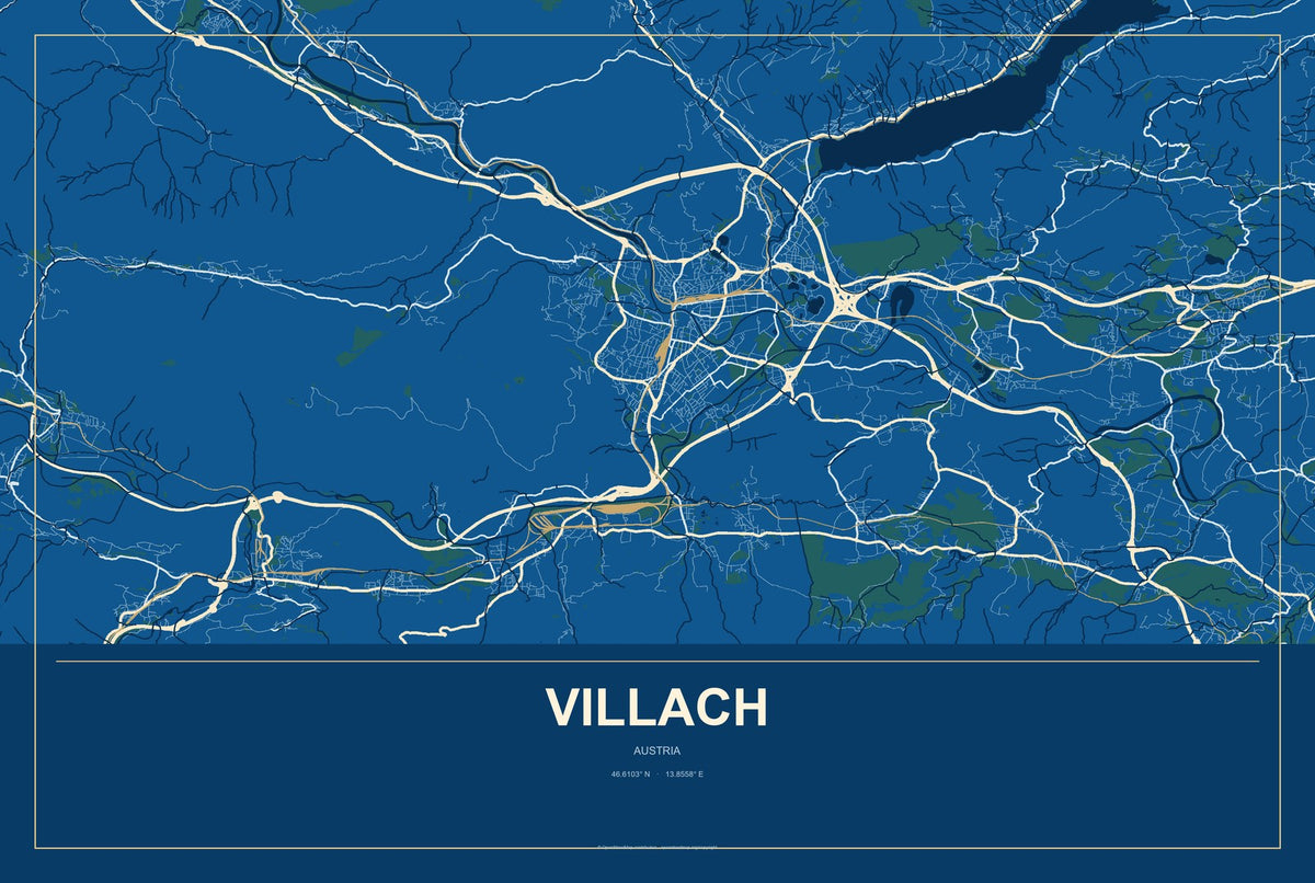 Villach, Austria City Map Aluminum Sign in Harbor Cobalt style