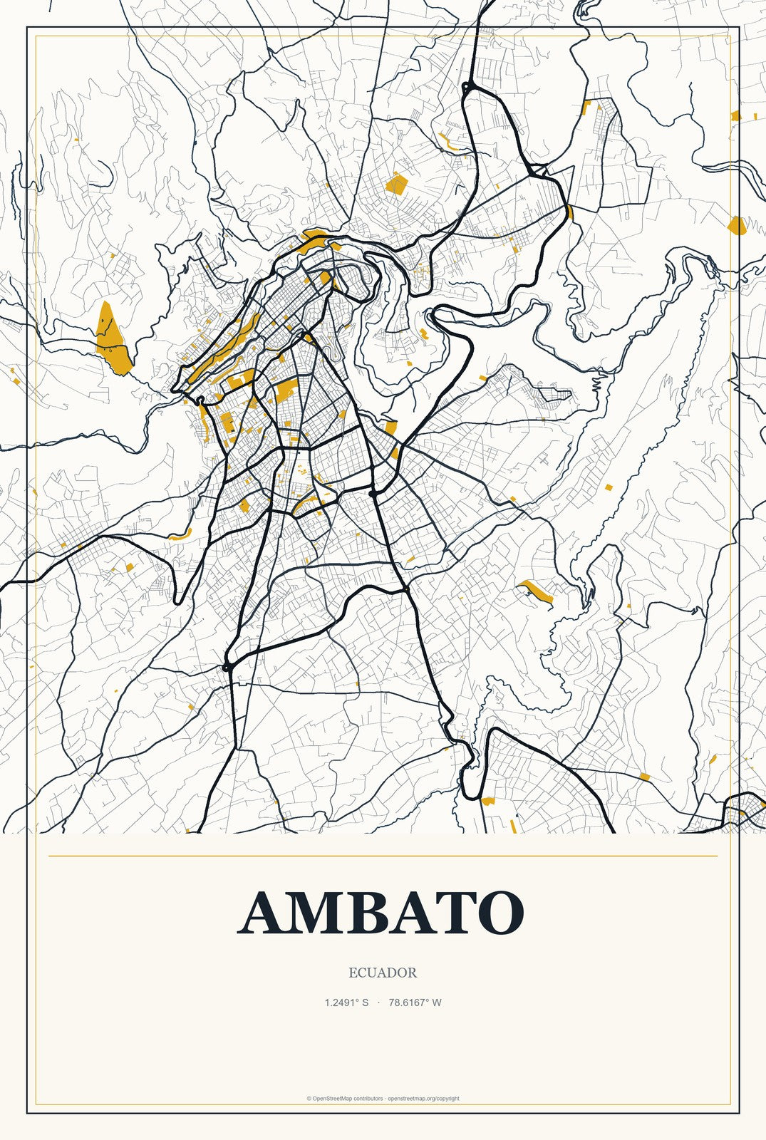 Ambato, Ecuador City Map Aluminum Sign in Citrine Modern style