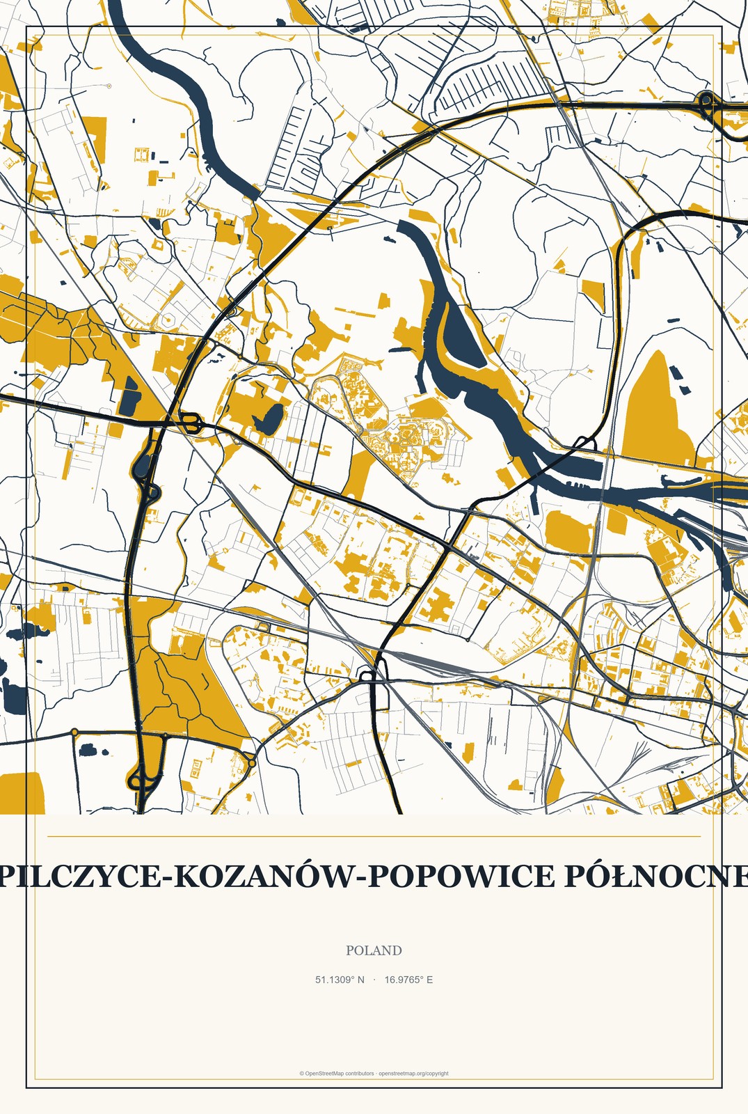 Pilczyce-Kozanów-Popowice Północne, Poland City Map Aluminum Sign in Citrine Modern style