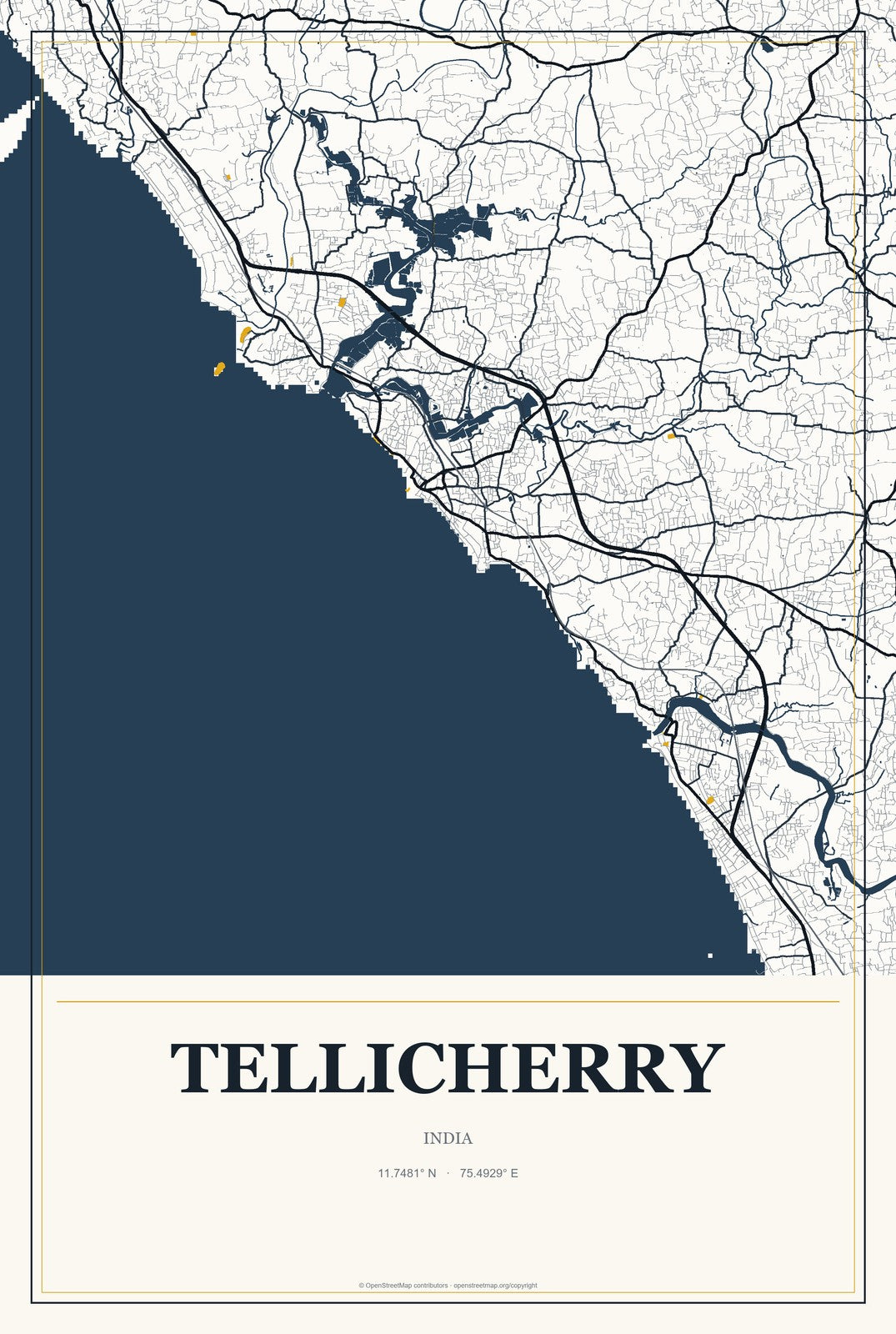 Tellicherry, India City Map Aluminum Sign in Citrine Modern style