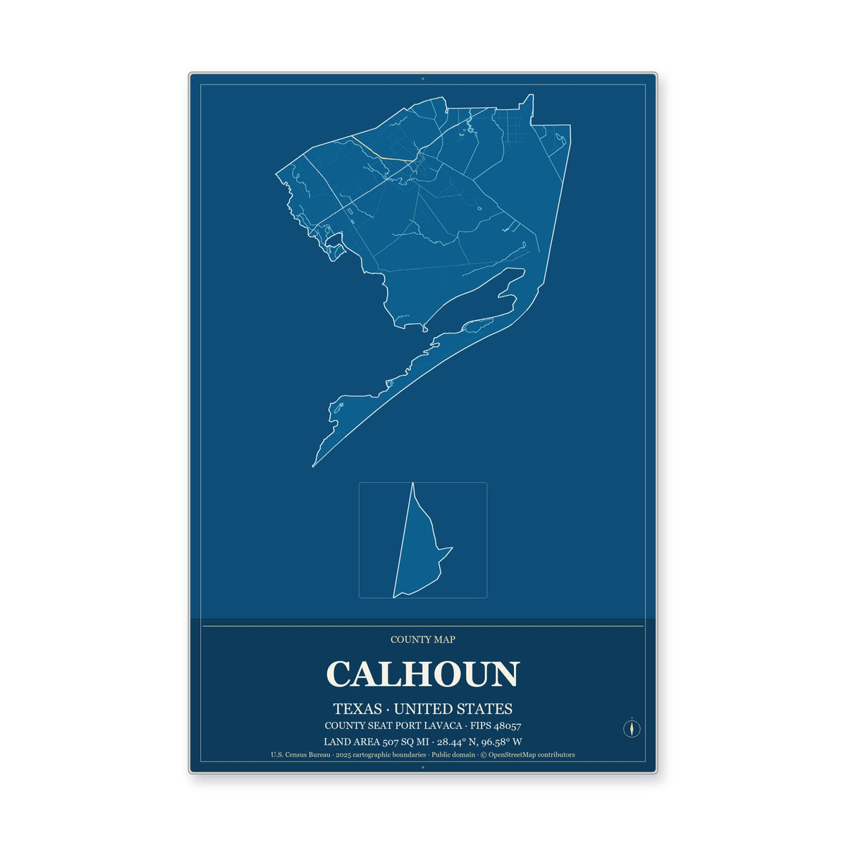 Calhoun County, Texas Map Aluminum Sign in Harbor Cobalt style