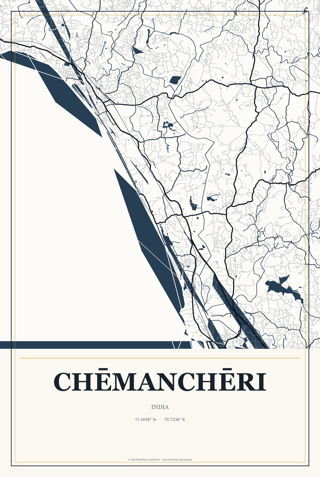 Chēmanchēri, India City Map Aluminum Sign in Citrine Modern style