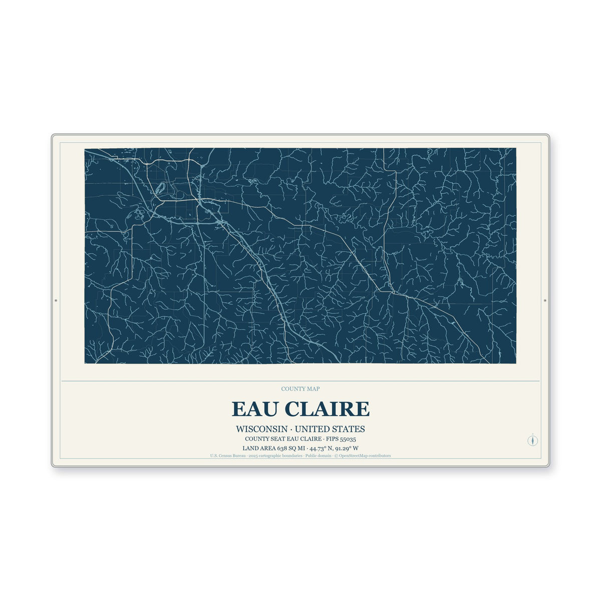 Eau Claire County, Wisconsin Map Aluminum Sign in Coastal Cutout style