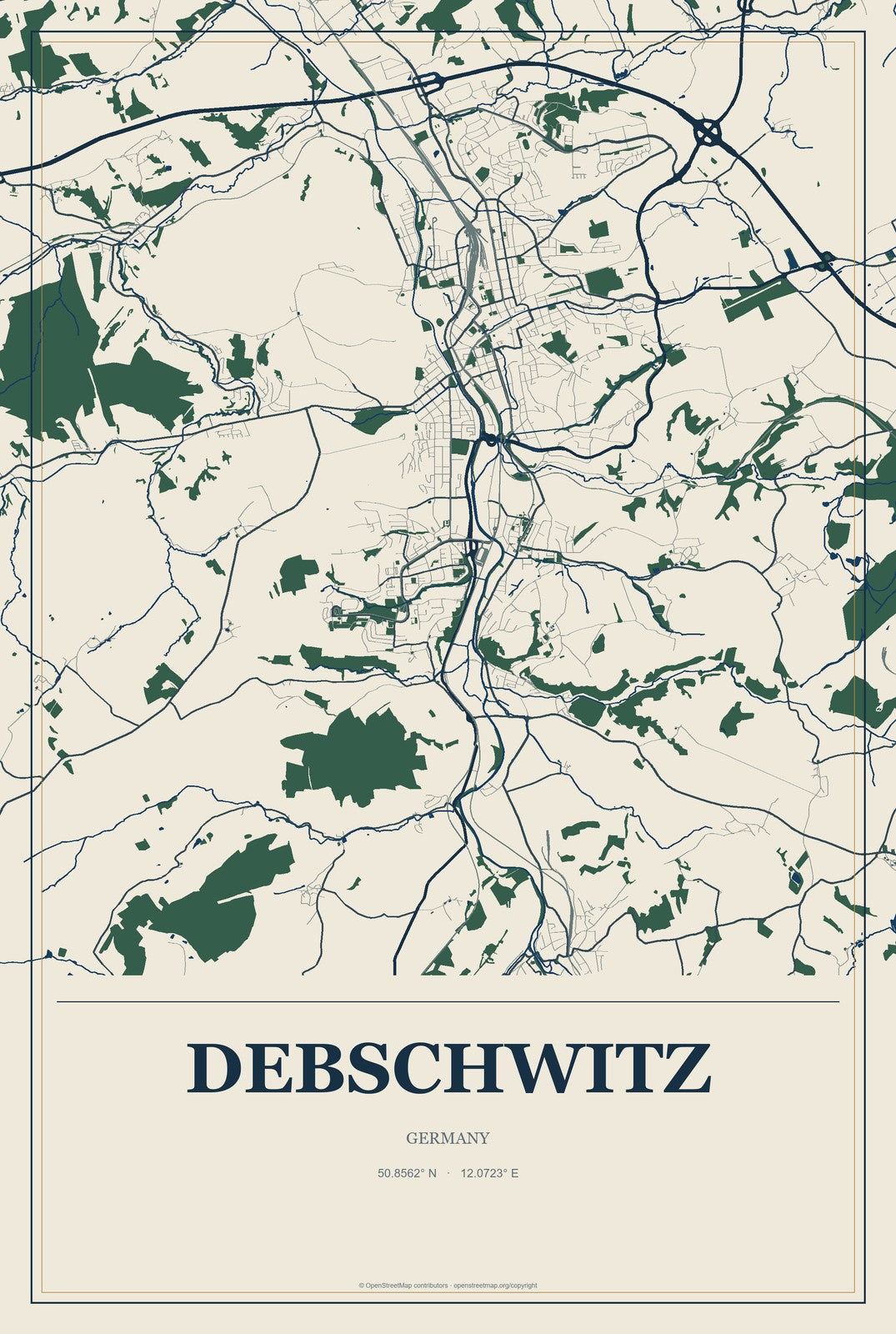 Debschwitz, Germany City Map Aluminum Sign in Coastal Cutout style