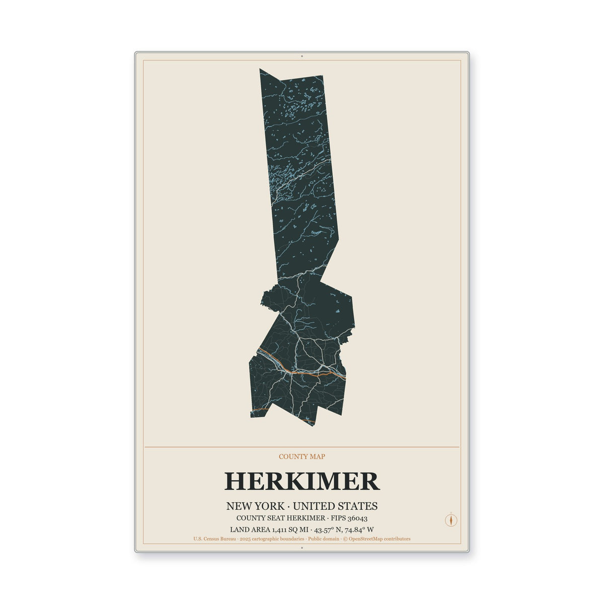 Herkimer County, New York Map Aluminum Sign in Headline Atlas style