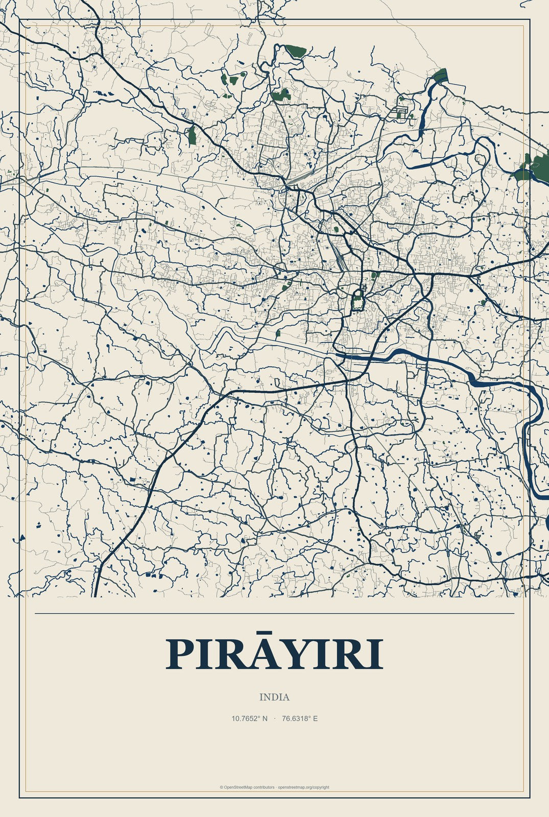 Pirāyiri, India City Map Aluminum Sign in Coastal Cutout style