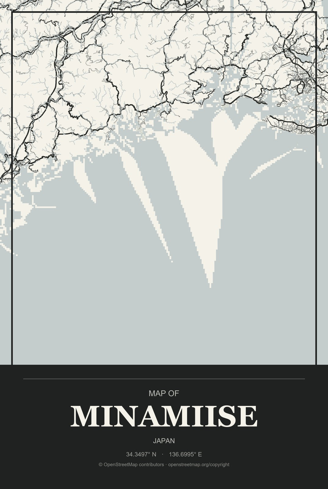 Minamiise, Japan City Map Aluminum Sign in Museum Plaque style